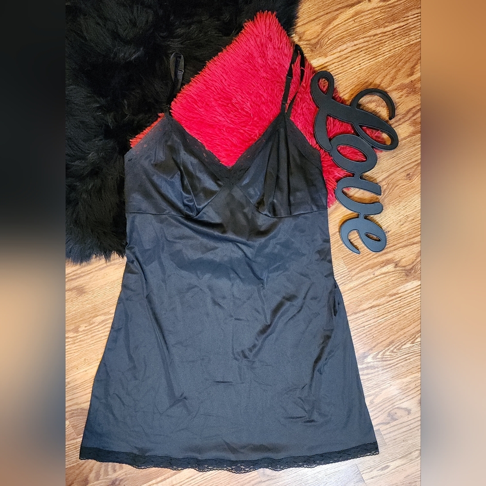 Vtg Sexy Silky Nylon Lace Trim Black Slip Dress Nightie Size 44